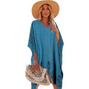Women's 4 Blue 100% Viscose Kaftan for Bathing Swimsuit Floral Pattern Dress